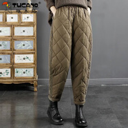 啄木鳥(niǎo)拼接條絨菱格壓線(xiàn)羽絨棉褲女2025年冬季新款防1風(fēng)保暖哈倫褲 咖色 L 100-115斤