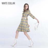 白領(lǐng)（WHITE COLLAR）灰黃幾何 西服領(lǐng)雙排扣七分袖風(fēng)衣式連衣裙HUIHUJ19-301 灰黃幾何 L (165)