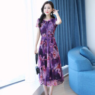 墨茉（MORIMUIR）新款连衣裙子女夏季天雪纺衫印花短袖蕾丝网纱宽松中年中长沙滩裙 紫色 XL(115-125斤)