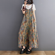 依米儂（YIMINONG）2023夏季碎花連體褲裙新款洋氣背帶褲女寬松長(cháng)褲吊帶顯瘦垂感闊腿 黃色 均碼【建議100-170斤】