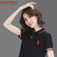 LOVER RUCCI法國純棉t恤女寬松2025新款有翻領(lǐng)短袖運動(dòng)polo衫定制logo工作服 黑色 XL