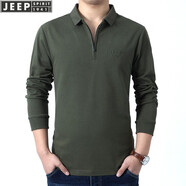 JEEP SPIRIT吉普休閑翻領(lǐng)半拉鏈長袖t恤春秋純色棉質(zhì)混紡微彈開衩珠地體恤衫 軍綠 常規(guī) L (175) /96A建議135-145斤