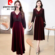 皮爾卡丹（pierre cardin）官方高端時(shí)尚洋氣九分袖金絲絨連衣裙2025秋季修身顯瘦中長(zhǎng)款拼接 品牌旗艦酒紅色 L 建議106-115