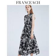 法涵意弛2025夏裝新款桑蠶絲襯衫式無(wú)袖碎花真絲連衣裙女中長(cháng)款 黑底桔?；?S