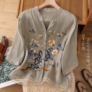 蘑菇同學復古苧麻刺繡襯衫女夏季寬松大碼歐根紗拼接中袖襯衣顯瘦V領小衫 灰色 L（建議115-125斤）