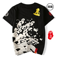 VENSUP短袖t恤男女夏季鯉魚刺繡純棉半袖潮流男士國潮體恤情侶裝T恤衫 763黑色 M 碼(建議100-115斤)