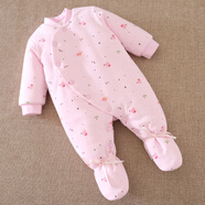 豆苗兒嬰兒連體衣秋冬裝 新生兒純棉加厚保暖包腳哈衣 寶寶滿(mǎn)月夾棉衣服 可愛(ài)粉色（斜襟款） 66碼建議年齡3-5個(gè)月
