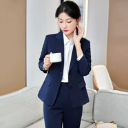小西裝女春夏季長(cháng)袖職業(yè)裝套裝商務(wù)正裝面試上班教師銷(xiāo)售工作服女 藏藍女【西裝外套+褲子】 XL 碼【約106-114斤穿】