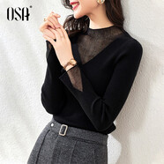 歐莎（OSA）知性半高領(lǐng)針織衫女2025秋裝新款洋氣內搭蕾絲打底上衣外穿氣質(zhì) 黑色B 2XL