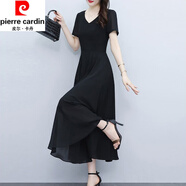 皮爾卡丹（pierre cardin）真絲連衣裙女夏季新款洋氣收腰顯瘦減齡修身氣質(zhì)高端桑蠶絲連衣裙 黑色 2XL 121-134斤