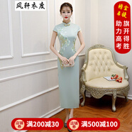 風(fēng)軒衣度 旗袍女長款2022春夏季新款高端燙鉆刺繡大碼中國風(fēng)修身氣質(zhì)日常改良宴會禮服走秀旗袍敬酒服 8760綠 L