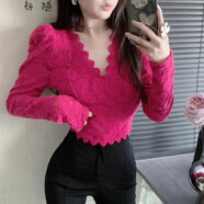 蕾絲衫女長(zhǎng)袖內(nèi)搭衫網(wǎng)紗很仙蕾絲上衣性感宮廷風(fēng)名媛氣質(zhì)v領(lǐng)泡泡袖修身短款加厚拉毛蕾絲衫 玫紅色 帶墊肩帶胸墊 M 建議95-110斤