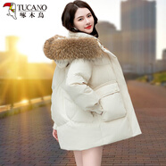 啄木鳥(niǎo)（TUCANO）白鴨絨羽絨服女短款2024新款冬季爆款加厚小個(gè)子中長(cháng)款大毛領(lǐng)外套 米白-貉子毛 L 推薦(115-130體重)