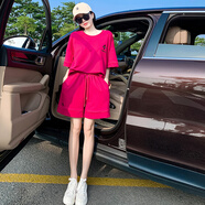 NPZ夏季減齡活潑青春休閑運動(dòng)套裝女寬松慵懶超顯瘦潮牌棉短褲兩件套 玫紅色 L