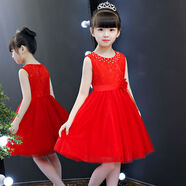 允橘女童連衣裙夏兒童公主裙小女孩中大童2-13歲小孩子夏天穿的洋氣禮 紅色＋皇冠 120