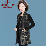 俞兆林（YUZHAOLIN）西裝領(lǐng)馬甲外套女?huà)寢屟b春秋大碼中老年女條紋中長(zhǎng)款坎肩馬夾外搭 915黃格 XL 建議90-105斤