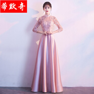 女聲獨(dú)唱演出服女成人 主持服裝女中長款伴娘服春季長袖閨蜜伴娘團(tuán)姐妹裙合唱人晚禮服女藝考音樂生 豆沙粉 XL(胸圍90，腰圍73)