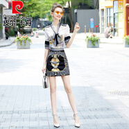皮爾卡丹品牌高檔女裝 炸街減齡時尚套裝連衣裙2022年新款女夏季歐美印花半身短裙子兩件裝夏針織 圖片色 XL(120-130斤)