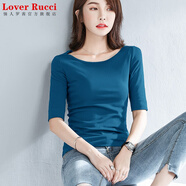 LOVER RUCCI黑色一字領(lǐng)中袖t恤女內搭夏季白色純棉修身七分袖打底衫上衣五分 暗藍 L (95~105斤)