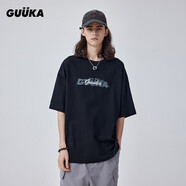 古由卡（GUUKA）黑色重磅T恤男純棉夏潮幻影印花短袖落肩上衣寬松 黑色F7347 S
