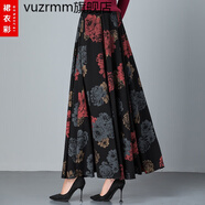 vuzrmm輕奢女裝秋冬新款高腰半身裙長裙大擺裙女百搭休閑舞裙a字裙子 牡丹紅花 S腰圍1.8-1.9尺長度85厘米