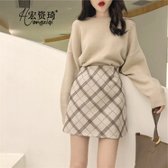 宏資琦連衣裙女裝2025春秋季新款氣質(zhì)御姐輕熟風(fēng)時(shí)尚洋氣毛衣裙子兩件套 【套裝】杏色毛衣+格紋短裙 L