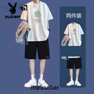 花花公子（PLAYBOY）冰絲短袖T恤男款套裝2025夏季ins潮牌街頭寬松百搭五分褲上衣青年 B311套裝【白色】 M 80-95斤