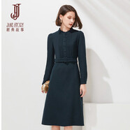 經(jīng)典故事（JANE STORY）法式含羊毛針織連衣裙女冬季2024新款高級感氣質(zhì)修身泡泡袖毛呢裙 J05深藍(lán)綠 M