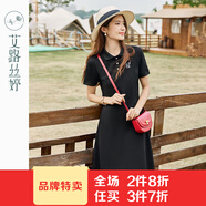 艾路絲婷黑色polo連衣裙女短袖2023夏季新款小象刺繡收腰顯瘦裙子03896 黑色 M