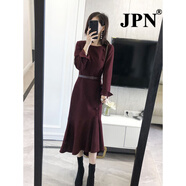 JPN香港潮牌長(cháng)袖禮服連衣裙女高級秋冬新款收腰顯瘦名媛氣質(zhì)包臀裙 酒紅色 M