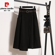 皮爾卡丹品牌大碼女2025早秋新款遮肚顯瘦黑色毛呢半身裙高腰中長(cháng)款a字裙 黑色 L 建議100-118斤