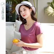 艾路絲婷V領(lǐng)修身短袖T恤女夏裝女裝打底衫560 深紫色 M