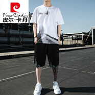 皮爾卡丹（pierre cardin）短袖T恤男士休閑套裝夏季潮牌冰絲半截袖t體恤短褲寬松衣服男套裝 21019+2099白色套裝 XL
