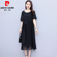 皮爾卡丹（pierre cardin）大碼連衣裙女200斤胖MM加肥加大碼中年胖媽I媽夏裝貴夫人雪紡裙子 黑色 5XL 適合185-200斤