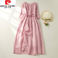 皮爾卡丹（pierre cardin）苧麻連衣裙森女系帶風(fēng)琴褶短袖棉亞麻長袍子2025新款 粉色(少量現(xiàn)貨) L 【建議115-135斤】
