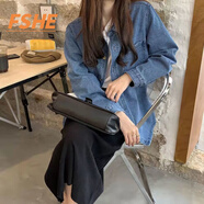 FSHE2025春秋季新款BF風(fēng)寬松中長(cháng)款ins復古翻領(lǐng)長(cháng)袖牛仔襯衫外套女 藍色 M 建議95-110斤