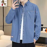 雅梡春秋季新款水洗牛仔衣薄款男士長袖襯衫休閑工裝上衣男款襯衣外 中藍(lán)色 XL