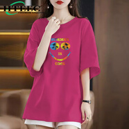 hteec香港潮牌粉色短袖t恤女夏季新款純棉寬松中長款洋氣遮屁股上衣 玫紅色 28款COOL笑臉 S