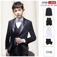 ELPA兒童西裝男童小西服套裝中大童花童禮服鋼琴演出服男孩春秋韓版 戧駁領(lǐng)黑5件套：3件套+襯衫+領(lǐng)結(jié) 165 碼 身高160-165cm重100-105