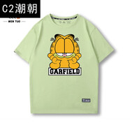 C2潮朝加菲貓圓領(lǐng)T恤短袖男女情侶裝夏季新款時(shí)尚寬松卡通印花純棉半袖 綠色1 XS 100斤以內(nèi)