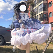 秀絲路洛麗塔公主裙成人日常春秋Lolita裙子蓬蓬裙少OP甜系蘿莉塔套裝 深藍色連衣裙 S (70-90斤合適)