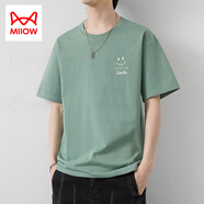 貓人（MiiOW）男士純棉短袖T恤夏季薄款潮牌圓領笑臉印花男裝衣服冰絲體恤 淺綠 XL