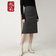 亦朵格子開叉半身裙秋冬女中長款復(fù)古裙子 棕咖色 M