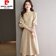 皮爾卡丹（pierre cardin）秋裝女款2025新款連衣裙長袖假兩件半開領(lǐng)麻花針織拼接絲絨裙子 杏色 M 【85-99斤】