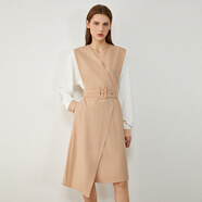 AMII女裝2025極簡氣質(zhì)知性長袖連衣裙秋季新款拼接配腰帶條紋 淺卡其白條 S 155/80A