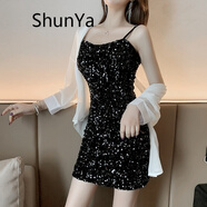 shunya 香港潮牌 性感吊帶裙夏季新款小黑裙黑色亮片包臀裙子韓版顯瘦小個(gè)子禮服短款連衣裙 套裝(吊帶裙+小外套) S