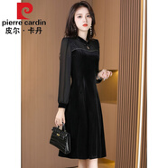 皮爾卡丹（pierre cardin）金絲絨連衣裙高貴洋氣2023新款女春秋長(zhǎng)袖中國(guó)風(fēng)旗袍裙顯瘦 黑色 2XL