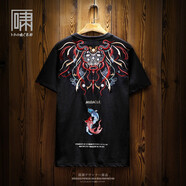 嘯都潮牌短袖國潮中國風(fēng)重工鯉魚(yú)刺繡短袖T恤 男小眾設計感民族風(fēng)體恤 黑色 XL