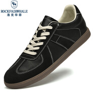 洛克華菲（Rock Fairwhale）新品男士休閑板鞋頭層牛皮簡約百搭小白鞋時尚德訓(xùn)鞋系帶軟底男鞋 沖孔 黑色 43