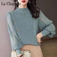 拉夏貝爾（La Chapelle）感拼接小香風(fēng)針織衫女春季半高領(lǐng)打底毛衣氣質(zhì)燈籠袖上衣 純100自動(dòng)發(fā)熱綠色 純100自動(dòng)發(fā)熱XL 建議120-130斤